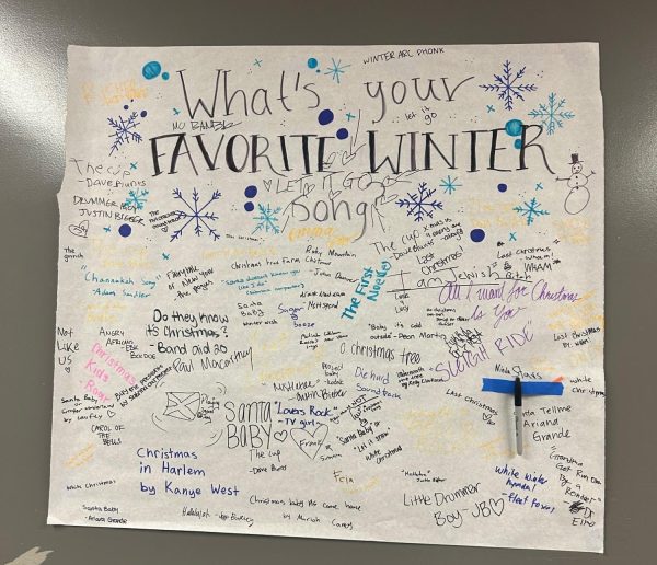 Poster asking students for favorite winter song. Photo credit to Kanna Yanagishima.