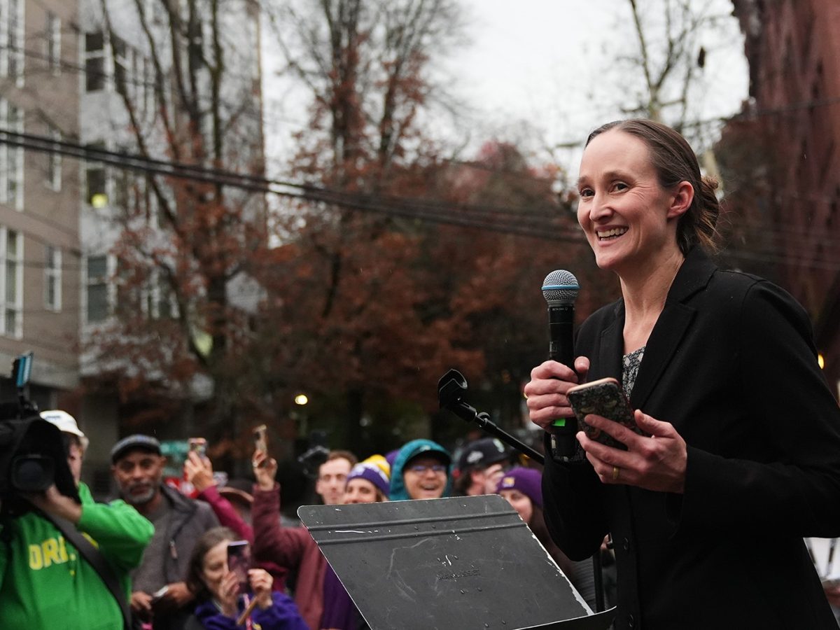 Katie Wilson speaking at Starbucks strike. Credit: Downtown Seattle Association 