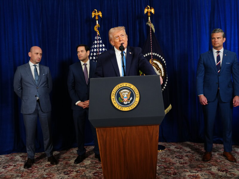 President Trump speaking at a press conference in Mar-a-Lago the morning after the United States invasion of Venezuela. Credit: The Nation